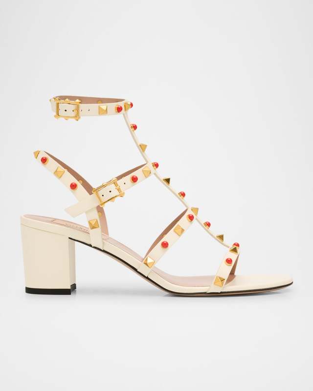 Rockstud Caged Ankle-Strap Leather Sandals